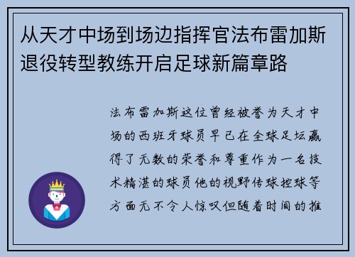 从天才中场到场边指挥官法布雷加斯退役转型教练开启足球新篇章路 从天才中场到场边指挥官法布雷加斯退役转型教练开启足球新篇章路