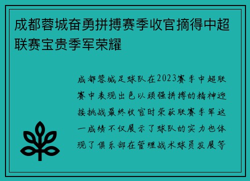 成都蓉城奋勇拼搏赛季收官摘得中超联赛宝贵季军荣耀